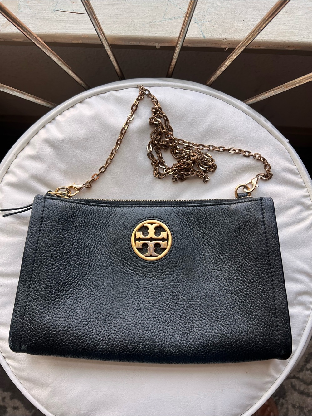 Tory Burch Black Pebbled Leather Chain-Handle Crossbody with Gold Logo